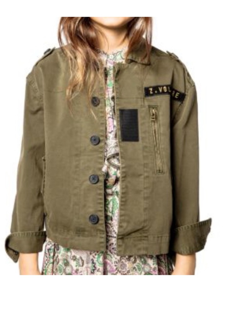 Zadig & Voltaire Women’s Cropped Military Green Jacket w Patches Size XS / S